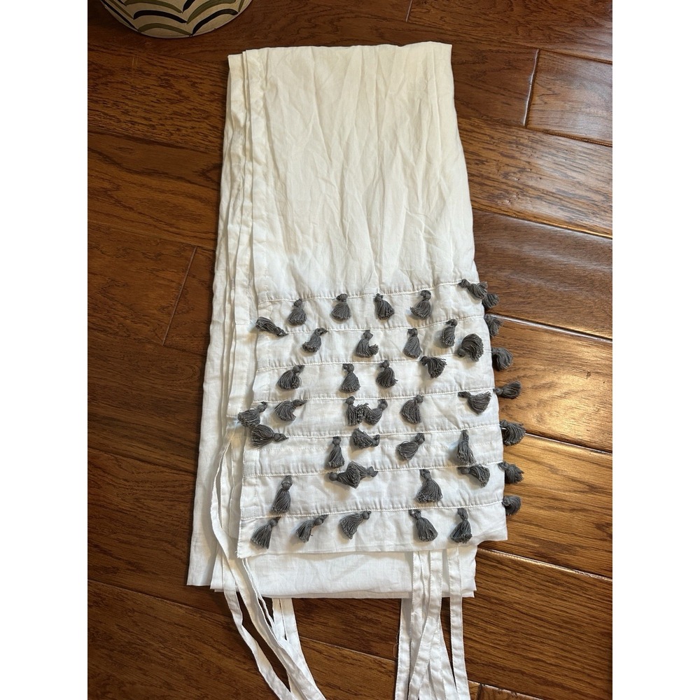 Pottery Barn Teen PBteen White Grey Tassel Curtain Panel 44x96 Tie Top Cotton